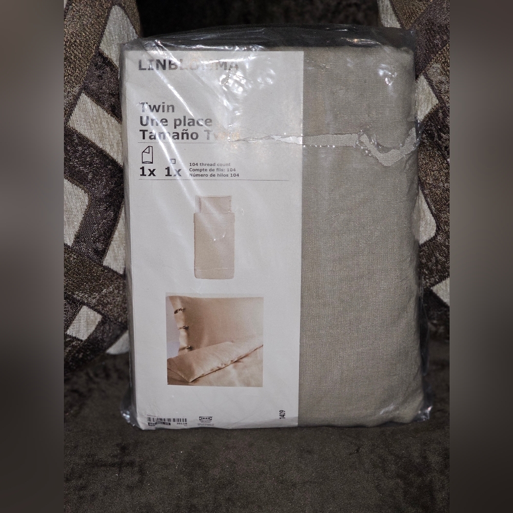 New IKEA LINBLOMMA Twin Size Beige 100% Linen Duvet And Pillow Case Set